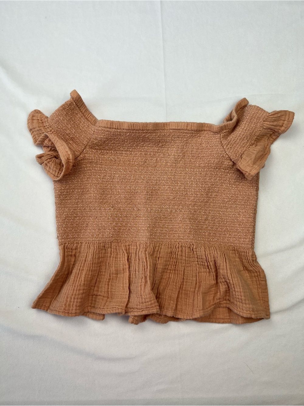 American Eagle Outfitters Rust Tan Smocked Off Shoulder Ruffle Crop Top - Medium